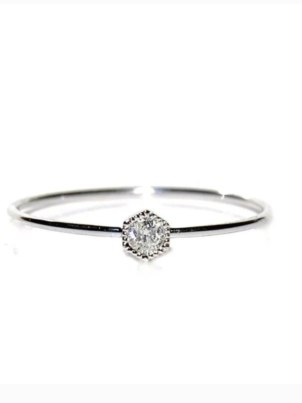 18K White Gold Hexagonal Diamond Petite Solitaire Stack Ring - Picture 1 of 5